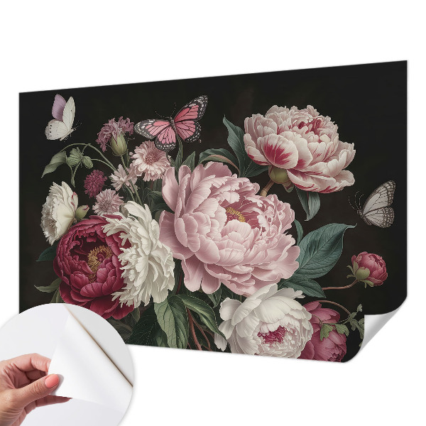 Peel and stick wall mural for bedroom with a peonies and butterflies design