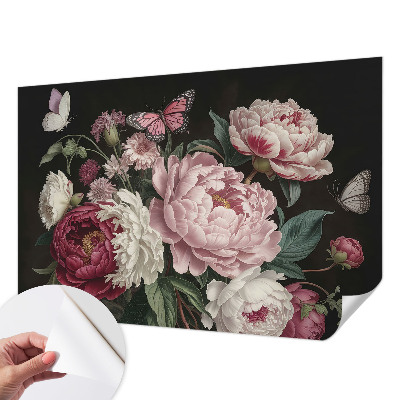 Peel and stick wall mural for bedroom with a peonies and butterflies design