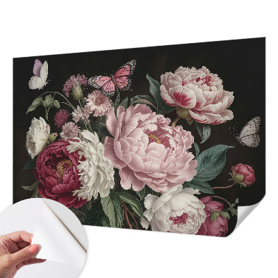 Peel and stick wall mural for bedroom with a peonies and butterflies design