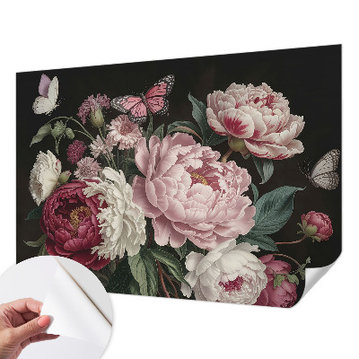 Peel and stick wall mural for bedroom with a peonies and butterflies design