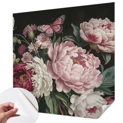 Peel and stick wall mural for bedroom with a peonies and butterflies design