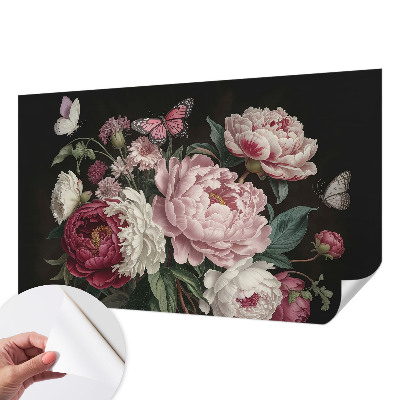 Peel and stick wall mural for bedroom with a peonies and butterflies design