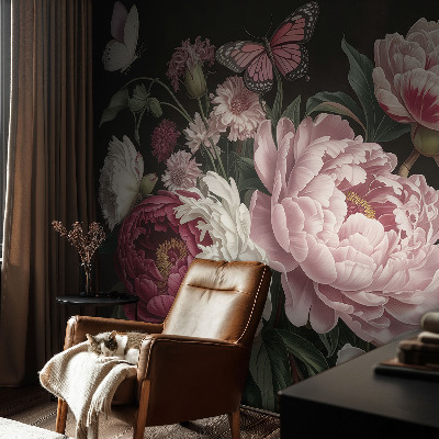 Peel and stick wall mural for bedroom with a peonies and butterflies design