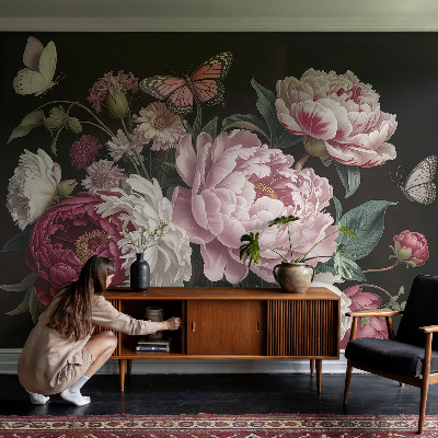 Peel and stick wall mural for bedroom with a peonies and butterflies design