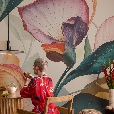 Peel and stick wallpaper mural with a colorful floral design