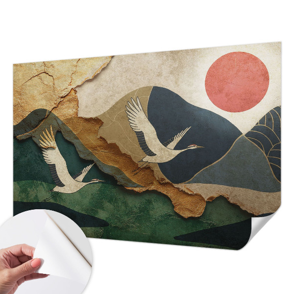 Baby room wall mural with an oriental crane motif