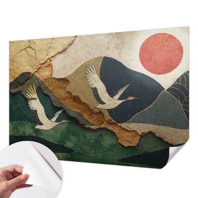 Baby room wall mural with an oriental crane motif