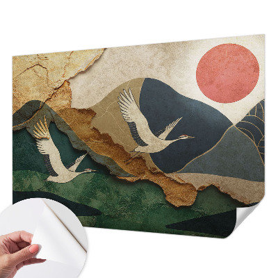 Baby room wall mural with an oriental crane motif