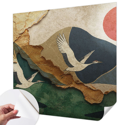 Baby room wall mural with an oriental crane motif