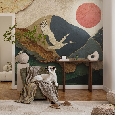 Baby room wall mural with an oriental crane motif
