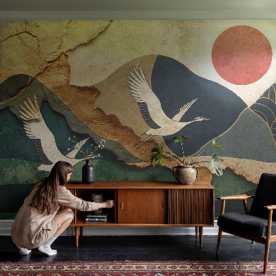 Baby room wall mural with an oriental crane motif