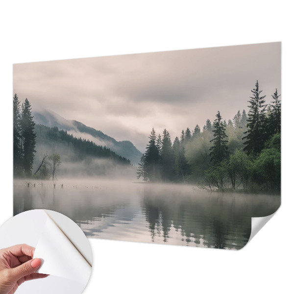 Peel and stick wall mural with an atmospheric lake scene