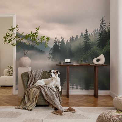 Peel and stick wall mural with an atmospheric lake scene