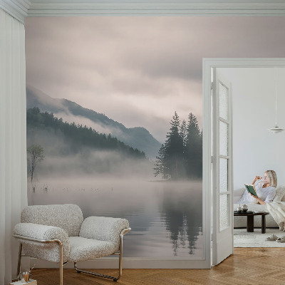 Peel and stick wall mural with an atmospheric lake scene