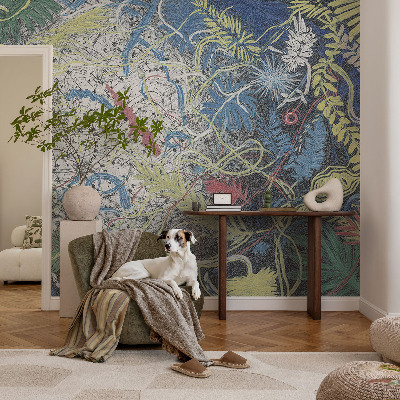 Nursery wall mural with a pattern of plant swirls