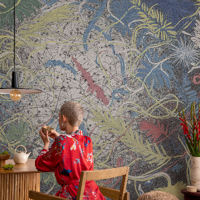 Nursery wall mural with a pattern of plant swirls