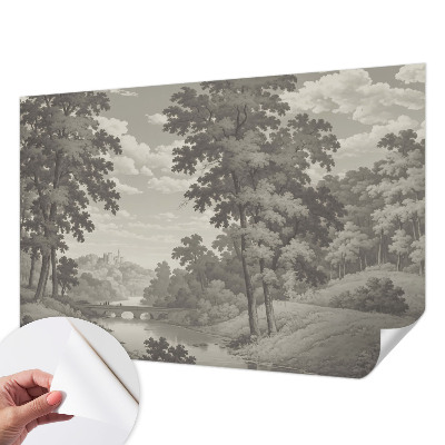 Children's wall mural with a castle and bridge design