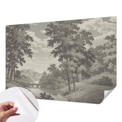 Children's wall mural with a castle and bridge design
