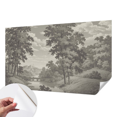 Children's wall mural with a castle and bridge design