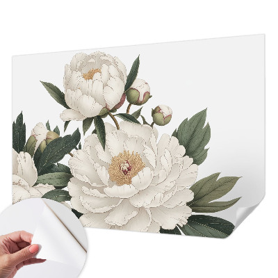 Stick-on wall mural with white peonies
