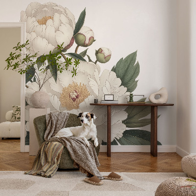 Stick-on wall mural with white peonies
