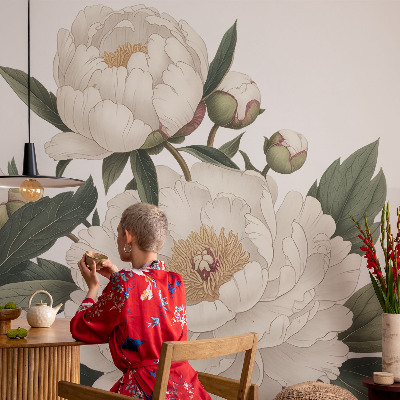 Stick-on wall mural with white peonies