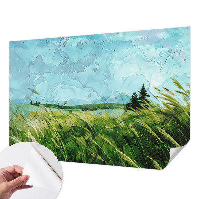 Removable wall mural wallpaper with green landscape motif