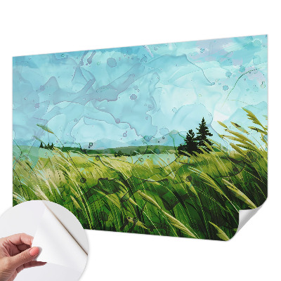 Removable wall mural wallpaper with green landscape motif
