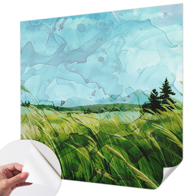 Removable wall mural wallpaper with green landscape motif