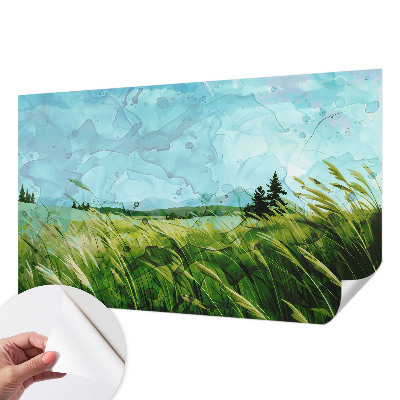 Removable wall mural wallpaper with green landscape motif