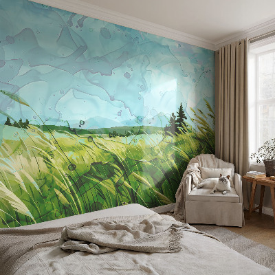 Removable wall mural wallpaper with green landscape motif