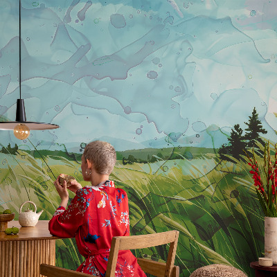 Removable wall mural wallpaper with green landscape motif