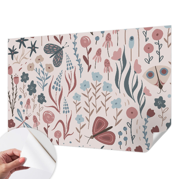 Children's wall mural with a floral and insect motif