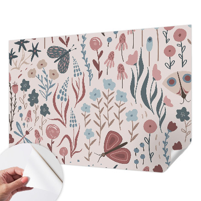 Children's wall mural with a floral and insect motif