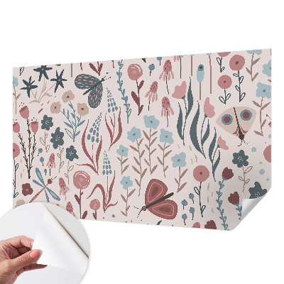 Children's wall mural with a floral and insect motif