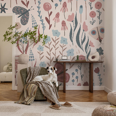 Children's wall mural with a floral and insect motif