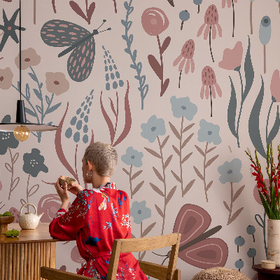 Children's wall mural with a floral and insect motif