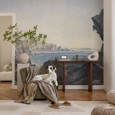 Self-adhesive wall mural with a design of a quiet coast