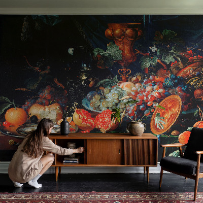 Removable wall mural wallpaper featuring a fruity abundance design