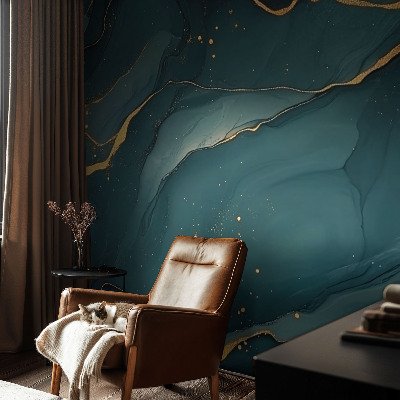 Peel and stick wall mural for living room featuring a dark blue abstract design