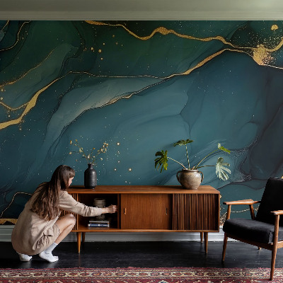 Peel and stick wall mural for living room featuring a dark blue abstract design