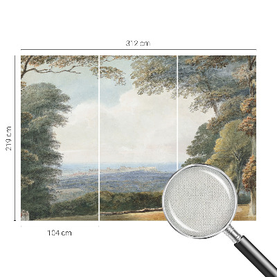 Children's wall mural with a wooded landscape design
