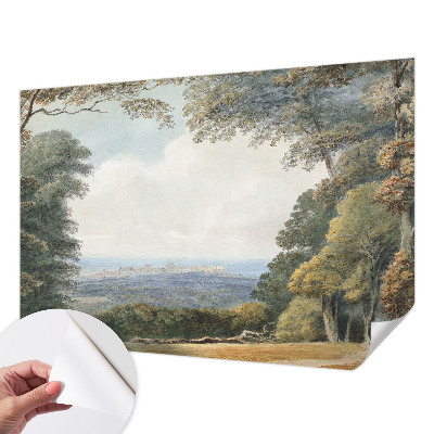 Children's wall mural with a wooded landscape design