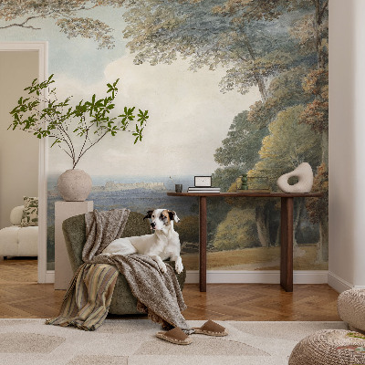Children's wall mural with a wooded landscape design