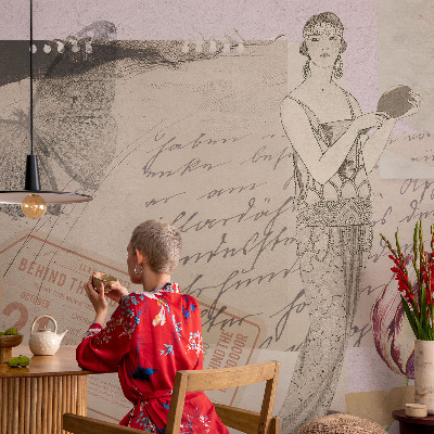 Baby room wall mural with a nostalgic collage design