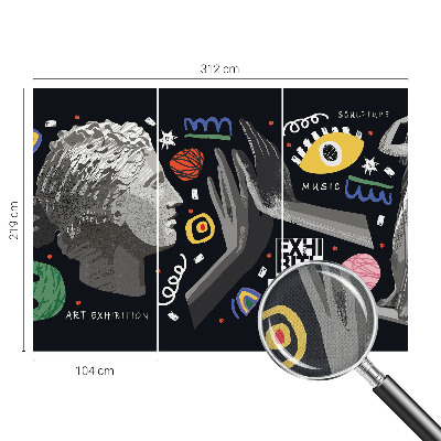 Peel and stick wallpaper mural with a colorful exhibition design