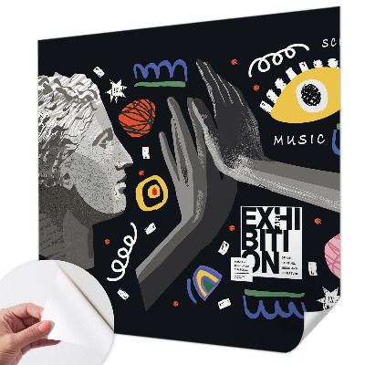 Peel and stick wallpaper mural with a colorful exhibition design