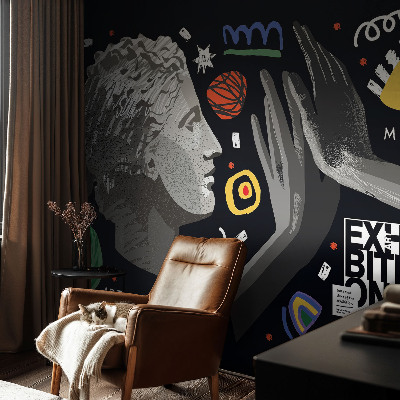 Peel and stick wallpaper mural with a colorful exhibition design