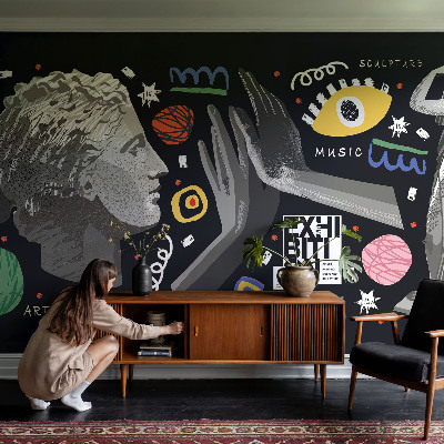 Peel and stick wallpaper mural with a colorful exhibition design