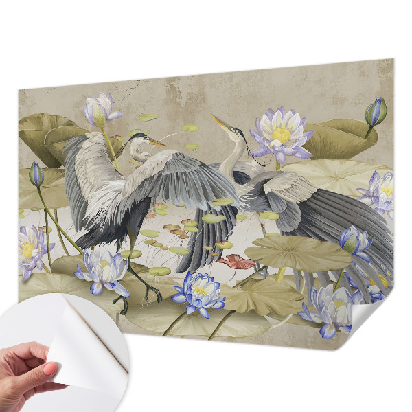 Baby room wall mural with a birds and lilies motif
